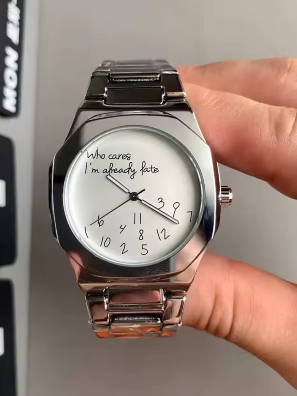 Men's Stainless Steel 'Who Cares I'm Already Late' Silver Watch